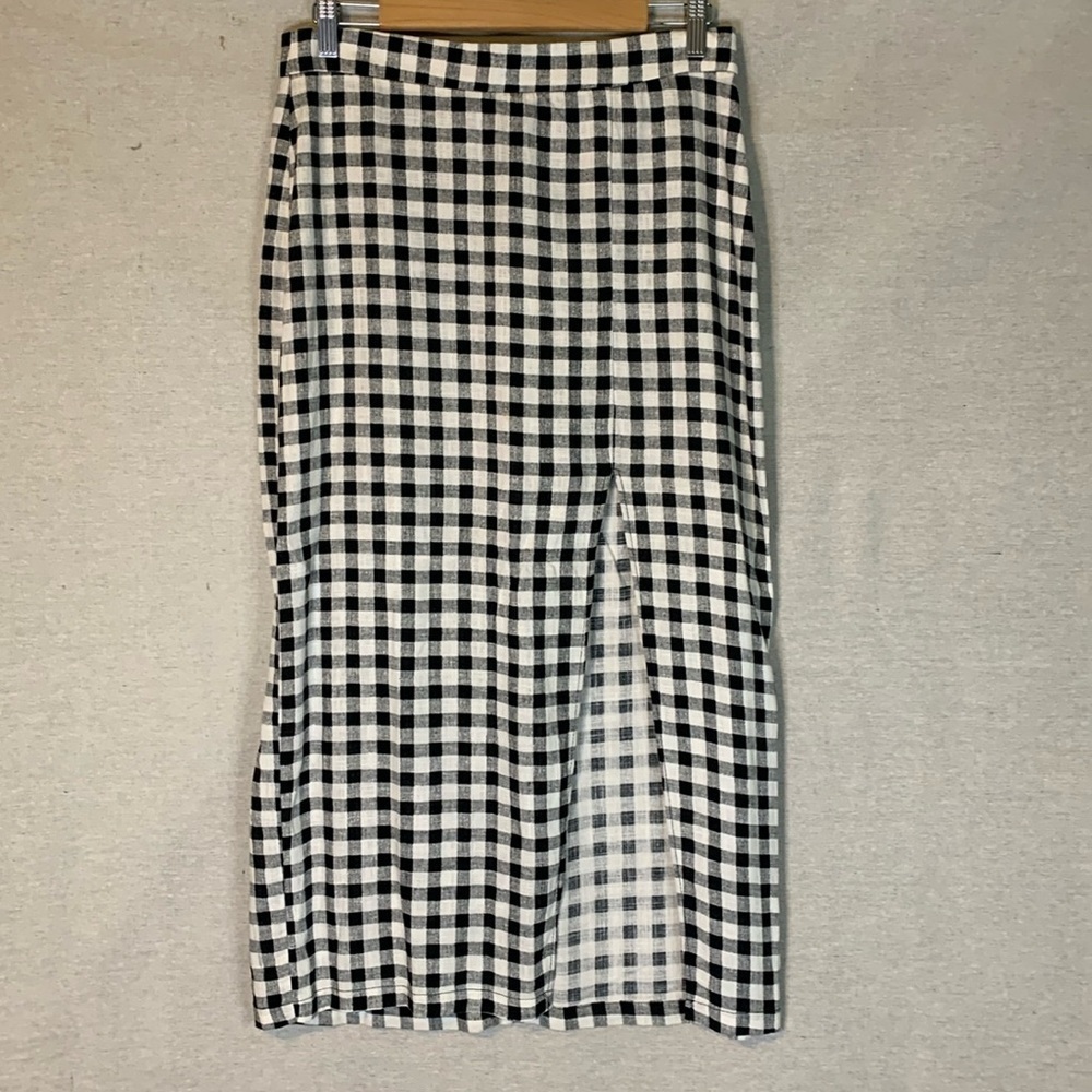 Zara Women's Black and White Gingham Plaid Long Skirt Front Slit Size Large